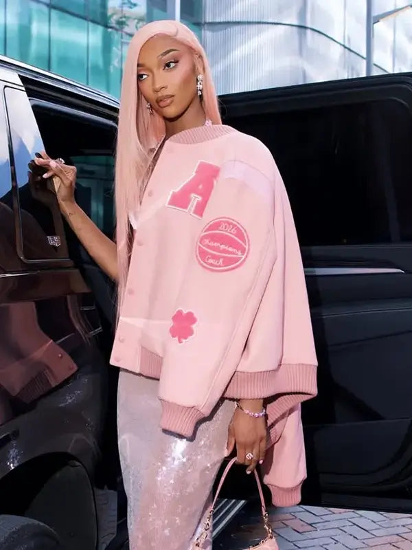 Angel Reese Custom Coach Pink Varsity Jacket