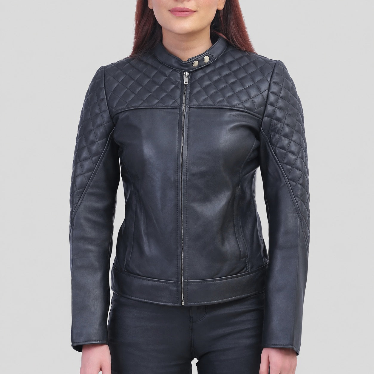 Womens Black Quilted Cafe Racer Jacket