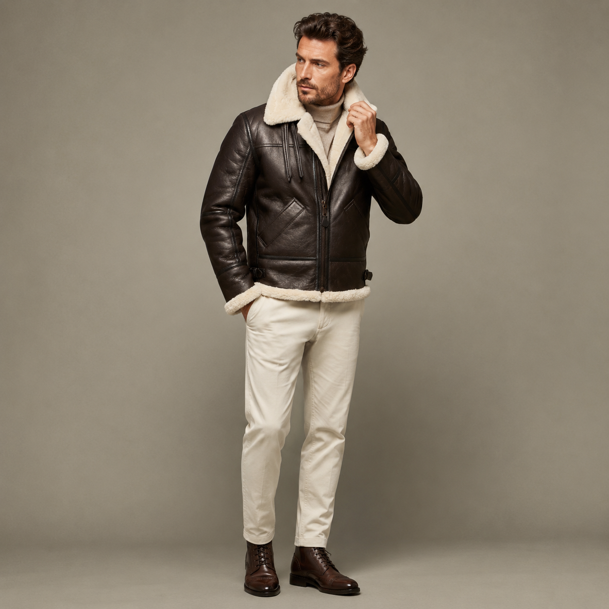 B3 Bomber Aviator Shearling Leather Jacket With Faux Fur