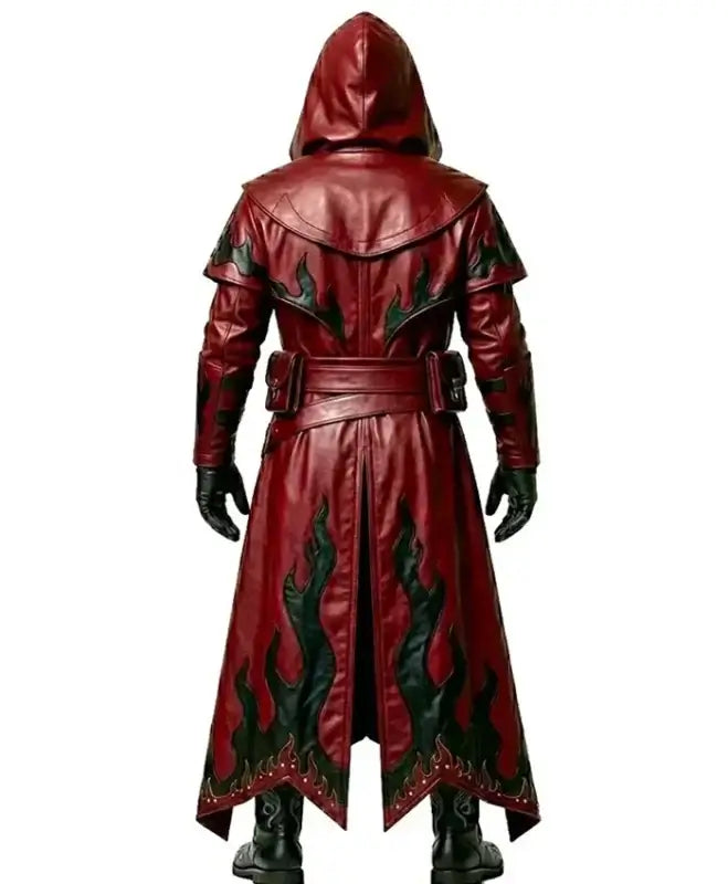 Gothic Flame Leather Red Trench Coat