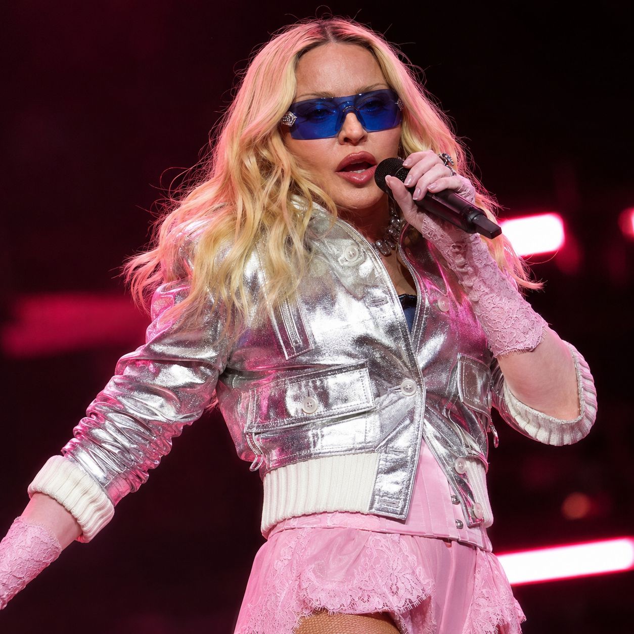 Madonna Times Square NYC 2026 Concert Silver Cropped Biker Bomber Jacket