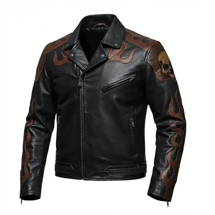 Men's Skull Flame Biker Leather Jacket