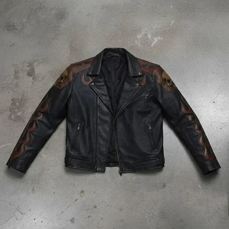 Men's Skull Flame Leather Biker Jacket