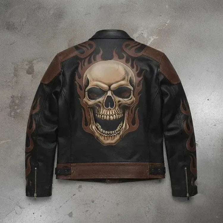 Men's Skull Flame Leather Black Jacket