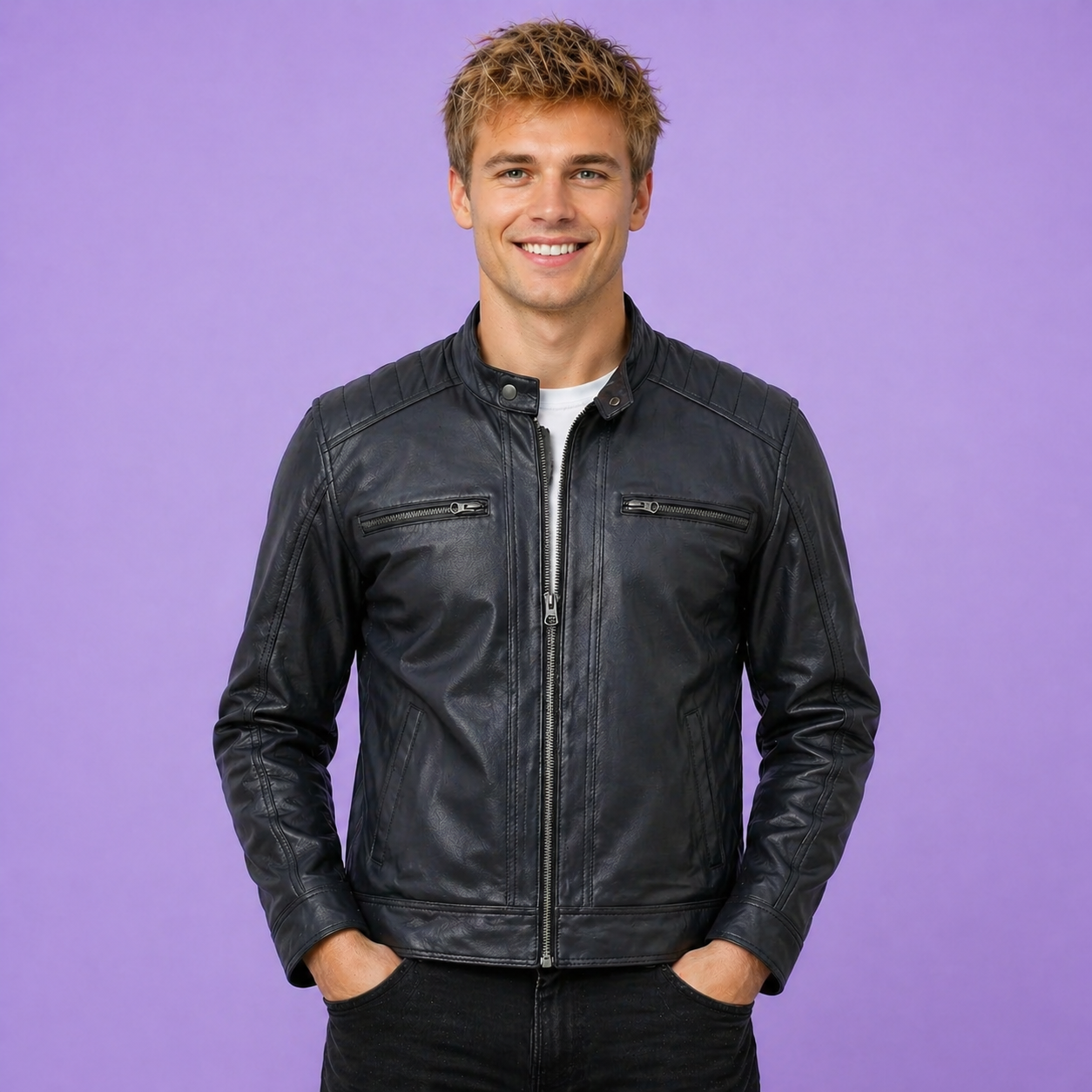 Mens Black Quilted Shoulder Distressed Leather Jackets