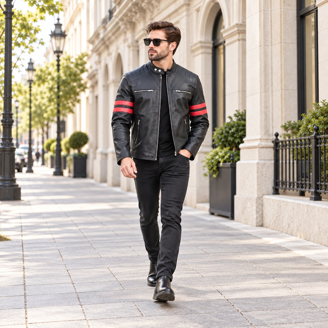 Hunter Men’s Black Leather Red Striped Cafe Racer Jacket