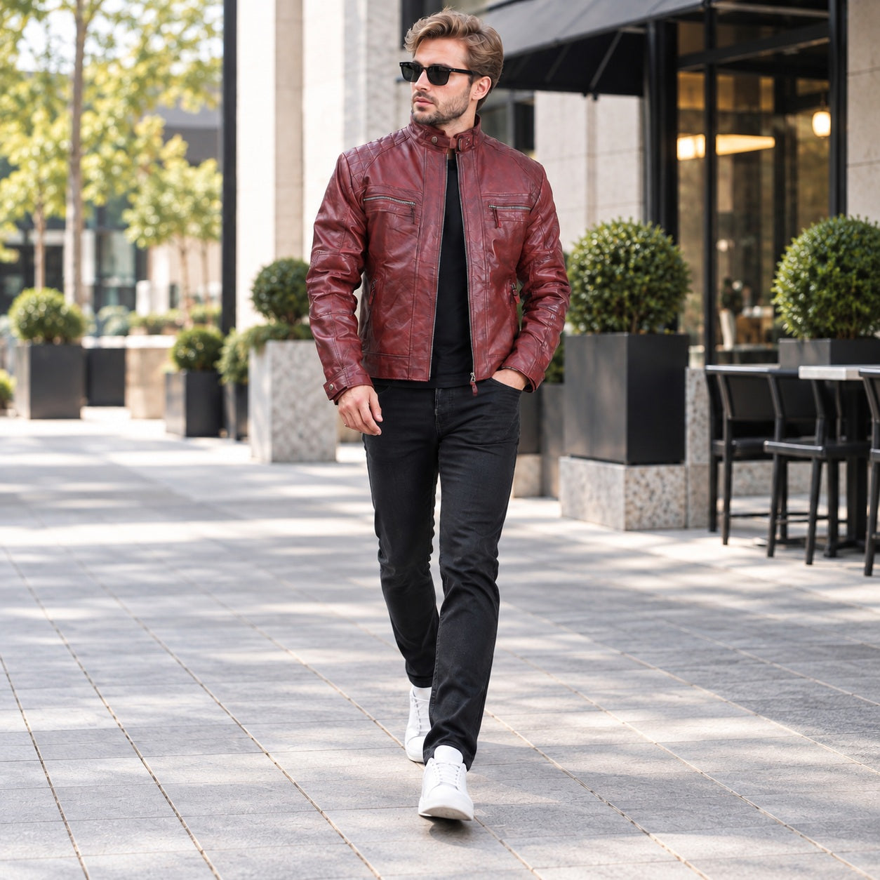 Maroon Cafe Racer Leather Jacket