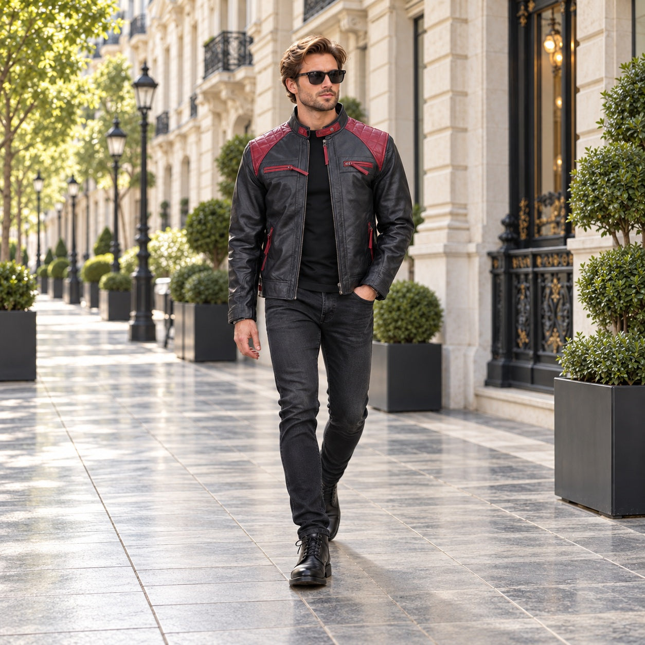 Mens Black and Maroon Quilted Leather Jacket