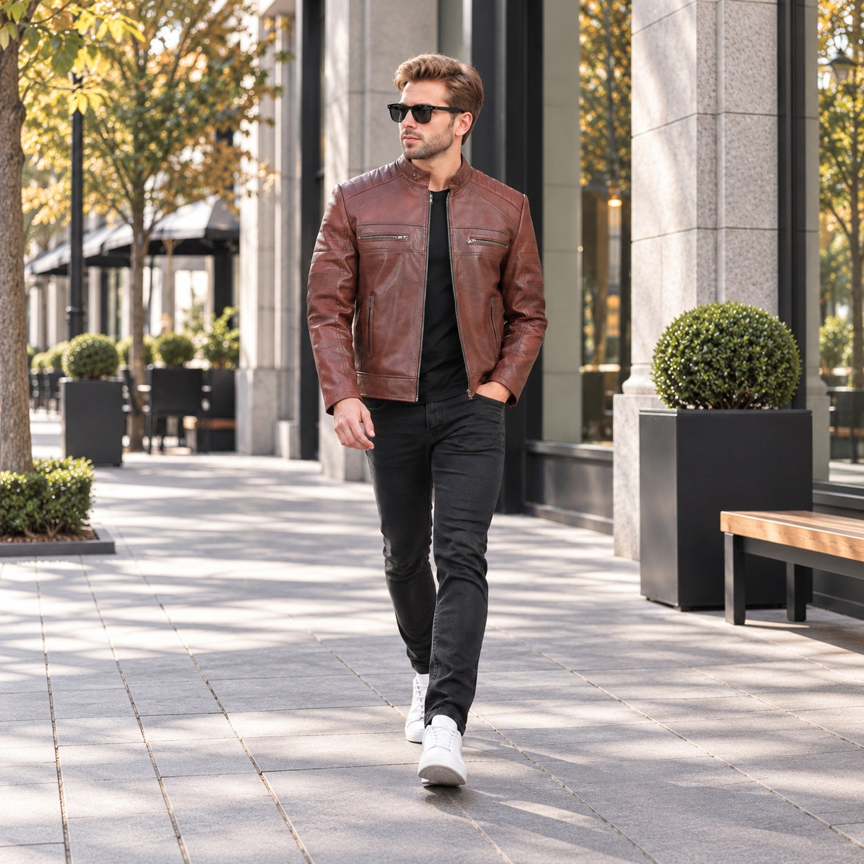 Model Mens Tall Perforated Cognac Waxed Cafe Racer Leather Jacket