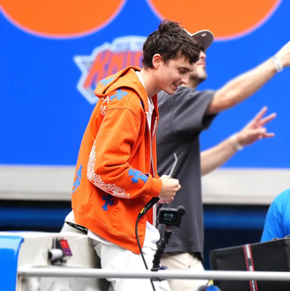 Timothée Chalamet NY Knicks 2026 Parade  Orange Zipper Jacket