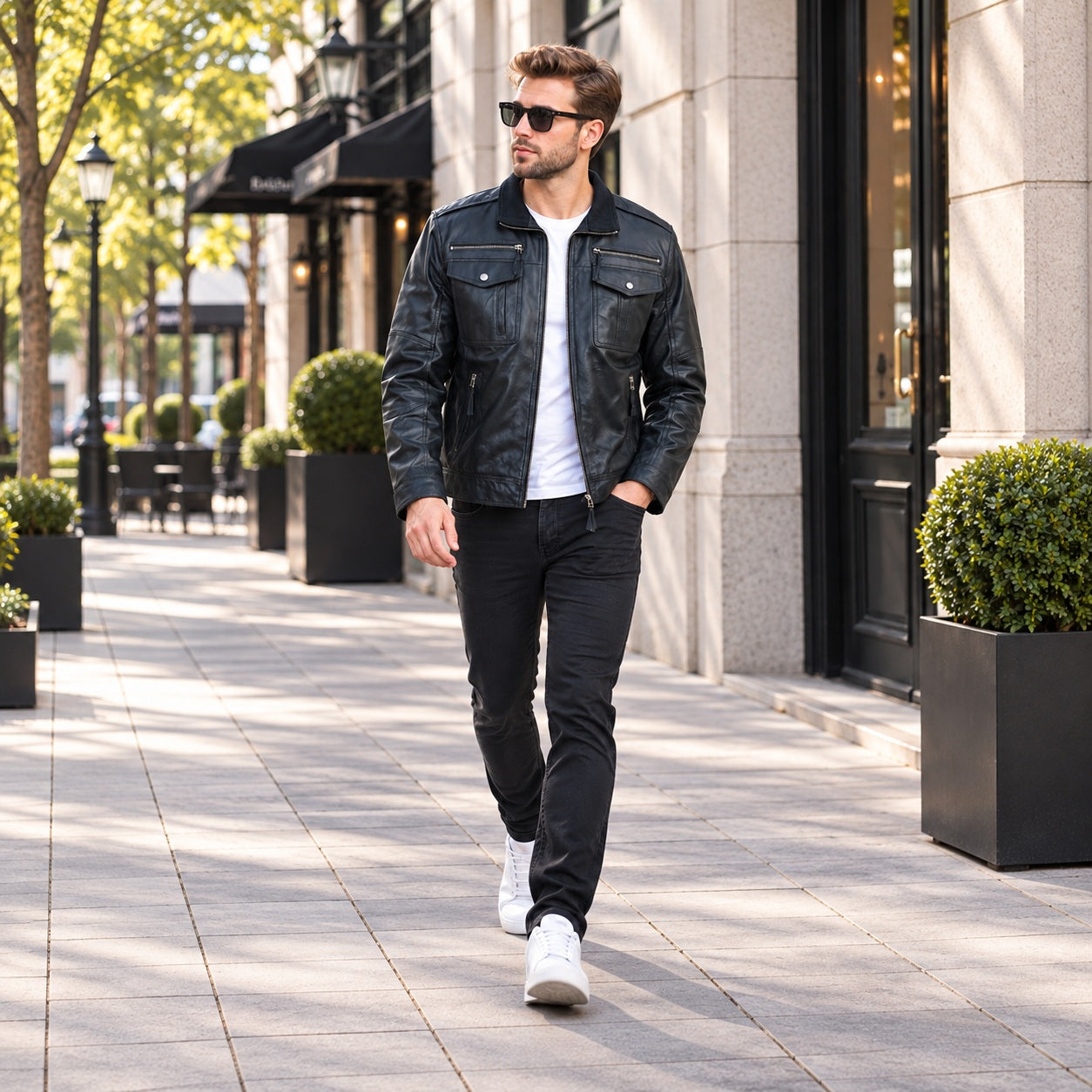 model Mens Black Leather Motorcycle Jacket